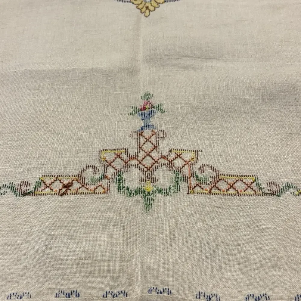 Vintage Hand Embroidered Bridge Card Tablecloth 33.5